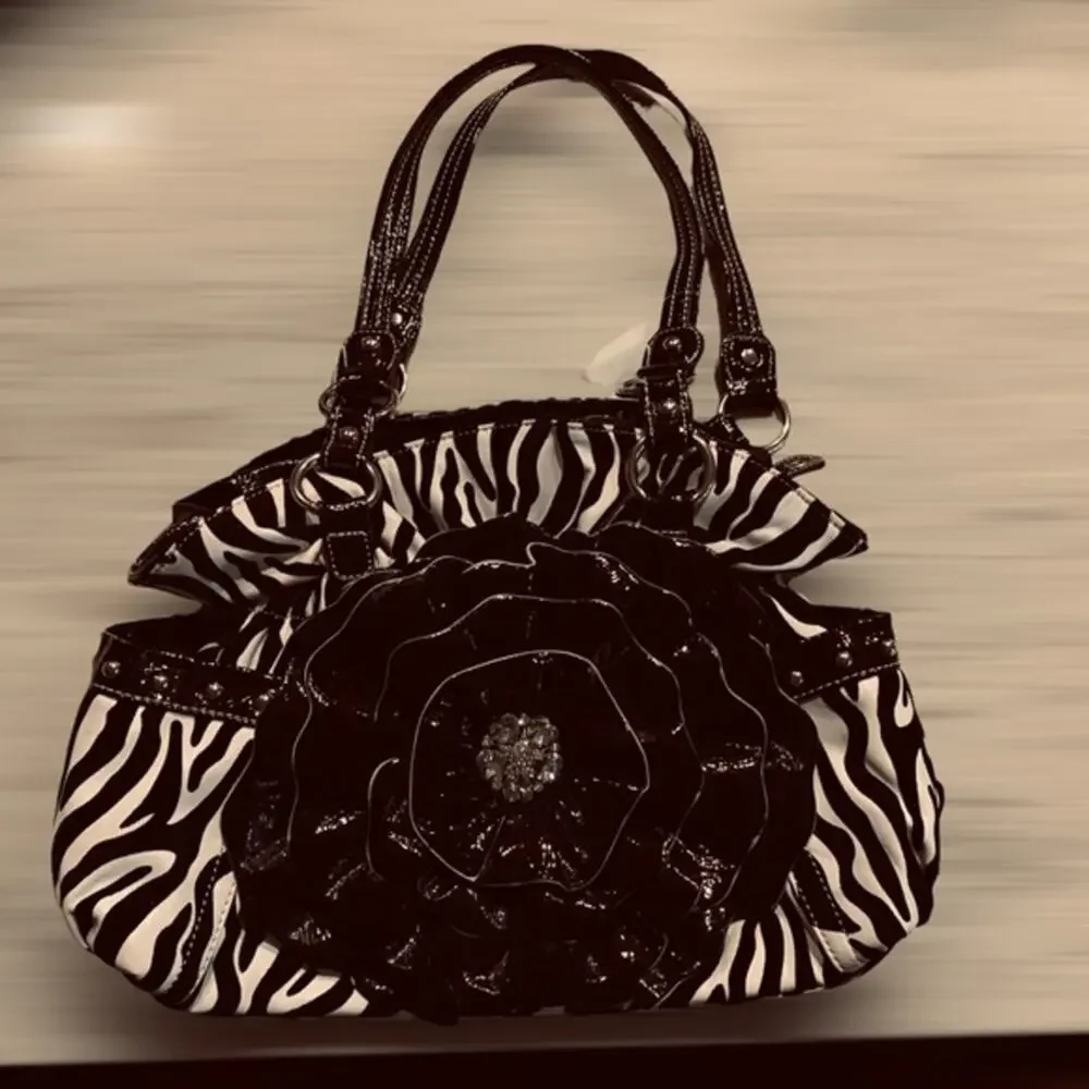 Zebra print big flower floral  rhinestone handbag‎ shoulder bag large - Picture 2 of 10